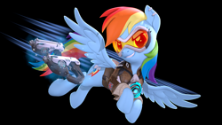 Size: 3840x2160 | Tagged: safe, artist:owlpirate, imported from derpibooru, rainbow dash, pegasus, pony, 3d, 4k, black background, bomber jacket, clothes, female, flying, goggles, grin, gun, handgun, high res, jacket, mare, overwatch, pistol, rainbow tracer, simple background, smiling, source filmmaker, spread wings, tracer, wings