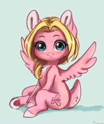 Size: 2421x2874 | Tagged: safe, artist:miokomata, imported from derpibooru, oc, oc only, oc:mio, pegasus, chest fluff, chibi, freckles, looking at you, pegasus oc, smiling, solo, spread wings, wings