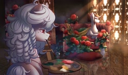 Size: 2980x1748 | Tagged: safe, artist:glumarkoj, imported from derpibooru, oc, oc only, earth pony, pony, unicorn, couch, duo, earth pony oc, easel, flower, horn, paintbrush, reflection, rose, unicorn oc, vase