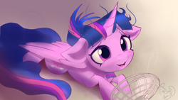 Size: 4038x2271 | Tagged: safe, artist:auroriia, imported from derpibooru, twilight sparkle, alicorn, pony, blushing, cute, fan, floppy ears, gradient background, happy, lying down, open mouth, open smile, prone, smiling, solo, sparkly mane, twiabetes, twilight sparkle (alicorn), wind, windswept mane