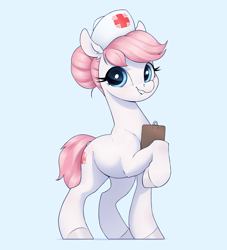 Size: 2800x3080 | Tagged: safe, artist:aquaticvibes, imported from derpibooru, nurse redheart, earth pony, pony, blue background, clipboard, colored hooves, cute, cyan background, ear fluff, female, hair bun, hat, heartabetes, looking at you, mare, nurse hat, simple background, smiling, solo
