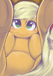 Size: 1668x2388 | Tagged: safe, artist:kurogewapony, imported from derpibooru, applejack, earth pony, pony, applebetes, belly, blushing, cute, female, hooves to the chest, jackabetes, looking at you, mare, smiling, smiling at you, solo, underhoof