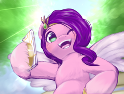 Size: 2194x1668 | Tagged: safe, artist:kurogewapony, imported from derpibooru, pipp petals, pegasus, pony, adorapipp, cellphone, cute, female, g5, hoof hold, lens flare, looking at you, mare, one eye closed, open mouth, open smile, phone, pipp is chubby, smartphone, smiling, smiling at you, solo, wink, winking at you