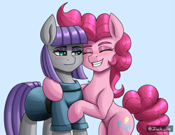 Size: 1723x1331 | Tagged: safe, artist:zachc, imported from derpibooru, maud pie, pinkie pie, earth pony, pony, autograph, big ears, blue background, blushing, cyan background, duo, eyebrows, eyes closed, female, grin, hug, open mouth, sibling love, siblings, signature, simple background, sisterly love, sisters, smiling, tooth, when she smiles