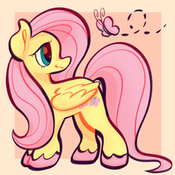 Size: 2048x2048 | Tagged: safe, artist:shrimpgumbie, imported from derpibooru, fluttershy, butterfly, pegasus, pony, cute, daaaaaaaaaaaw, female, folded wings, mare, shyabetes, smiling, solo, standing, turned head, unshorn fetlocks, wings