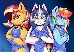 Size: 2127x1500 | Tagged: safe, artist:cosmiclitgalaxy, imported from derpibooru, rainbow dash, shining armor, sunset shimmer, anthro, commission, crossed arms, fanfic art, nightmare moon armor, trio