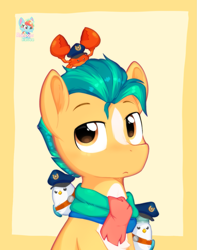 Size: 1015x1285 | Tagged: safe, artist:rainbow eevee, imported from derpibooru, hitch trailblazer, bird, crab, earth pony, pony, badge, brown eyes, chest fluff, clothes, coat markings, critter magnet, cute, eyebrows, frown, g5, hat, hitch trailblazer is not amused, hitchbetes, lidded eyes, looking at you, male, mcsnips-a-lot, my little pony: tell your tale, orange coat, police hat, scarf, simple background, solo, two toned mane, unamused