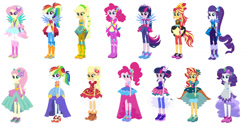 Size: 1280x687 | Tagged: safe, artist:diana173076, artist:selenaede, imported from derpibooru, applejack, fluttershy, pinkie pie, rainbow dash, rarity, sci-twi, sunset shimmer, twilight sparkle, human, equestria girls, legend of everfree, alternate hairstyle, alternate universe, base used, boots, clothes swap, cowboy boots, crystal guardian, female, high heel boots, humane five, humane seven, humane six, missing accessory, no glasses, ponied up, shoes, simple background, white background