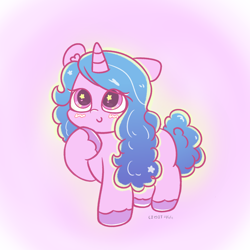 Size: 2048x2048 | Tagged: safe, artist:limitmj, imported from derpibooru, izzy moonbow, pony, unicorn, spoiler:g5, spoiler:my little pony: tell your tale, spoiler:tyts01e43, bridlewood spog, chibi, cute, female, g5, glowing, glowing hair, glowing mane, glowing tail, gradient background, hoof on chin, izzybetes, mare, my little pony: tell your tale, smiling, solo, starry eyes, tail, wingding eyes