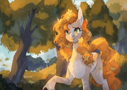 Size: 3240x2281 | Tagged: safe, artist:iheyyasyfox, imported from derpibooru, pear butter, earth pony, pony, the perfect pear, buttercup, female, flower, flower in hair, high res, mare, missing cutie mark, scene interpretation, smiling, solo