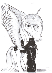 Size: 2488x3509 | Tagged: safe, alternate version, artist:gentleshy, imported from derpibooru, princess luna, alicorn, pony, clothes, earbuds, hoodie, monochrome, s1 luna, solo, style emulation, traditional art