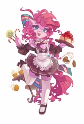 Size: 2785x4096 | Tagged: safe, artist:saxopi, imported from derpibooru, pinkie pie, earth pony, semi-anthro, apron, bow, cake, candy, candy cane, clothes, cookie, cupcake, dress, food, lollipop, shoes, simple background, socks, solo, thigh highs, waitress, white background