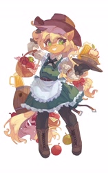 Size: 2575x4096 | Tagged: safe, artist:saxopi, imported from derpibooru, applejack, earth pony, semi-anthro, apple, apple pie, apron, barrel, basket, boots, cider mug, clothes, dress, food, mug, pie, shirt, shoes, simple background, solo, waitress, white background