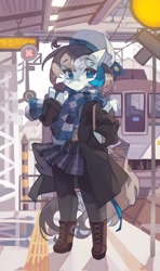 Size: 1215x2048 | Tagged: safe, artist:saxopi, imported from derpibooru, oc, oc only, semi-anthro, bag, boots, clothes, coat, hat, leggings, miniskirt, scarf, shoes, shoulder bag, skirt, solo, train, train station