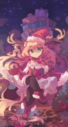 Size: 2217x4096 | Tagged: safe, artist:saxopi, imported from derpibooru, oc, oc only, semi-anthro, antlers, chest fluff, christmas, clothes, dress, hat, holiday, present, santa hat, shoes, sleigh, socks, solo