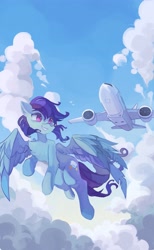 Size: 2529x4096 | Tagged: safe, artist:saxopi, imported from derpibooru, oc, oc only, oc:sierra nightingale, pegasus, pony, boeing, boeing 777, cloud, flying, ge90, general electric, high res, male, pegasus oc, plane, smiling, solo, spread wings, stallion, wings