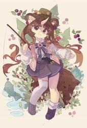 Size: 2800x4096 | Tagged: safe, artist:saxopi, imported from derpibooru, oc, oc only, bear, fish, semi-anthro, unicorn, blouse, clothes, fishing, fishing lure, fishing rod, hat, shoes, skirt, socks, solo