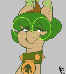 Size: 1063x1197 | Tagged: safe, artist:pagophasia, derpibooru exclusive, imported from derpibooru, oc, oc only, oc:hortis culture, hybrid, pony, bust, collar, ear tufts, glasses, gray background, horns, leaf, looking sideways, ms paint, nonbinary, round glasses, simple background, smiling, solo