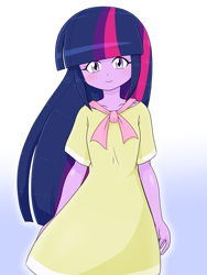 Size: 1668x2224 | Tagged: safe, artist:batipin, imported from derpibooru, twilight sparkle, human, equestria girls, sweet and elite, birthday dress, clothes, delicious flat chest, dress, equestria girls interpretation, female, flatlight sparkle, gradient background, looking at you, scene interpretation, smiling, smiling at you, solo