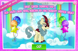 Size: 1965x1300 | Tagged: safe, imported from derpibooru, kirin, advertisement, background character, background kirin, balloon, balloon pop, cloven hooves, english, female, gameloft, horn, mobile game, my little pony: magic princess, numbers, official, season sunshine, solo, solo focus, text