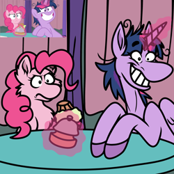 Size: 2048x2048 | Tagged: safe, artist:raspberrylucario, imported from derpibooru, screencap, pinkie pie, twilight sparkle, alicorn, earth pony, a trivial pursuit, duo, grin, height difference, magic, messy mane, physique difference, scene interpretation, screencap reference, smiling, sternocleidomastoid, telekinesis, thin, twilight snapple, twilight sparkle (alicorn), twilynanas