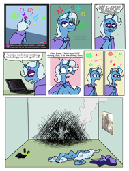 Size: 2452x3248 | Tagged: safe, artist:punkittdev, imported from derpibooru, trixie, pony, unicorn, bad idea, chat, comic, computer, dialogue, explosion, family guy death pose, family guy fall pose, female, high res, horsecomix, jerma985, laptop computer, lidded eyes, magic, mare, monster energy, open mouth, smoke, solo, speech bubble, squint, streaming, this ended in pain, twitch