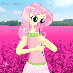 Size: 768x768 | Tagged: safe, artist:mazakbar567, imported from derpibooru, fluttershy, human, equestria girls, clothes, flower, garden, pink, pink hair, skirt, solo