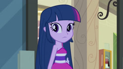 Size: 3072x1727 | Tagged: safe, imported from derpibooru, screencap, twilight sparkle, alicorn, human, equestria girls, equestria girls (movie), :|, bare shoulders, canterlot high, clothes, dress, fall formal outfits, female, huh, looking over shoulder, sleeveless, solo, strapless, twilight ball dress, twilight sparkle (alicorn)