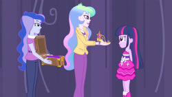 Size: 3072x1727 | Tagged: safe, imported from derpibooru, screencap, princess celestia, princess luna, twilight sparkle, human, equestria girls, equestria girls (movie), bare shoulders, big crown thingy, boots, element of magic, fall formal outfits, female, jewelry, open mouth, open smile, principal celestia, regalia, shoes, sleeveless, smiling, strapless, trio, trio female, twilight ball dress, vice principal luna