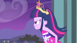 Size: 3072x1727 | Tagged: safe, imported from derpibooru, screencap, twilight sparkle, human, equestria girls, equestria girls (movie), bare shoulders, big crown thingy, canterlot high, clothes, dress, element of magic, fall formal outfits, female, frown, jewelry, night, regalia, sleeveless, sleeveless dress, solo, strapless, twilight ball dress