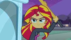 Size: 3072x1727 | Tagged: safe, imported from derpibooru, screencap, sunset shimmer, human, equestria girls, equestria girls (movie), clothes, cutie mark on clothes, female, hammer, jacket, leather, leather jacket, night, smiling, solo, statue