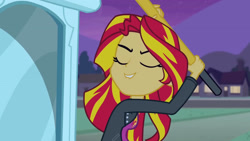 Size: 3072x1727 | Tagged: safe, imported from derpibooru, screencap, sunset shimmer, human, equestria girls, equestria girls (movie), clothes, cutie mark on clothes, eyes closed, female, hammer, jacket, leather, leather jacket, lip bite, night, smiling, solo, statue