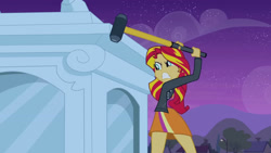 Size: 3072x1727 | Tagged: safe, imported from derpibooru, screencap, sunset shimmer, human, equestria girls, equestria girls (movie), clothes, cutie mark on clothes, female, hammer, jacket, leather, leather jacket, night, solo, statue