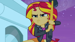 Size: 3072x1727 | Tagged: safe, imported from derpibooru, screencap, sunset shimmer, human, equestria girls, equestria girls (movie), clothes, faic, female, hammer, jacket, leather, leather jacket, night, solo, statue