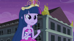 Size: 3072x1727 | Tagged: safe, imported from derpibooru, screencap, twilight sparkle, human, equestria girls, equestria girls (movie), bare shoulders, big crown thingy, canterlot high, element of magic, fall formal outfits, female, jewelry, lip bite, night, regalia, sleeveless, solo, strapless, twilight ball dress