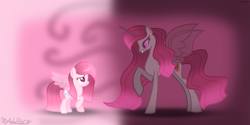 Size: 1279x640 | Tagged: safe, artist:koadablack, imported from derpibooru, oc, oc only, oc:annisa trihapsari, alicorn, earth pony, pony, series:the legend of tenderheart, duo, duo female, earth pony oc, evil grin, female, grin, height difference, long hair, looking at each other, looking at someone, mare, not pinkamena, physique difference, raised hoof, sad, slim, smiling, thin