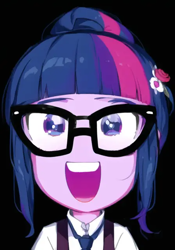 Size: 448x640 | Tagged: safe, editor:luckreza8, imported from derpibooru, sci-twi, twilight sparkle, human, equestria girls, :d, ai content, ai generated, anime, black background, female, generator:pinegraph, open mouth, open smile, simple background, smiling, solo