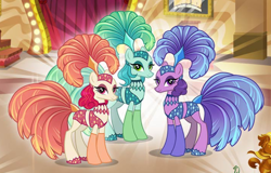 Size: 920x590 | Tagged: safe, imported from derpibooru, emerald flare, sapphire sequins, sunset circus, earth pony, pony, burlesque dancers, cropped, feather, female, gameloft, headdress, mare, midriff, my little pony: magic princess, official, performer, show mares, showgirl, slim, thin, trio