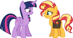 Size: 5693x3000 | Tagged: safe, artist:cloudy glow, imported from derpibooru, sunset shimmer, twilight sparkle, alicorn, unicorn, equestria girls, equestria girls series, forgotten friendship, bag, duo, duo female, female, looking at each other, looking at someone, saddle bag, simple background, transparent background, twilight sparkle (alicorn), vector