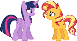 Size: 5693x3000 | Tagged: safe, alternate version, artist:cloudy glow, imported from derpibooru, sunset shimmer, twilight sparkle, alicorn, pony, unicorn, equestria girls, equestria girls series, forgotten friendship, duo, duo female, female, looking at each other, looking at someone, simple background, transparent background, twilight sparkle (alicorn), vector