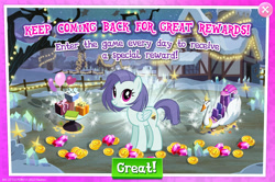 Size: 1957x1300 | Tagged: safe, imported from derpibooru, lavender sunrise, pegasus, pony, advertisement, background character, background pony, balloon, balloon pop, coin, english, female, folded wings, gameloft, gem, kart, las pegasus resident, mare, mobile game, my little pony: magic princess, numbers, official, present, solo, solo focus, table, text, wings