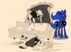 Size: 3165x2300 | Tagged: safe, artist:ponny, imported from derpibooru, part of a set, princess luna, oc, oc:femanon, human, pony, broom, cleaning, clothes, couch, duo, female, human and pony, magic, mare, messy, neet, sleeping, sweeping, telekinesis, trash
