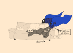 Size: 3165x2300 | Tagged: safe, artist:ponny, imported from derpibooru, part of a set, princess luna, oc, oc:femanon, human, blanket, clean, clothes, couch, duo, female, forehead kiss, kissing, mare, neet, pillow, shoes, simple background, sleeping, socks, speech bubble