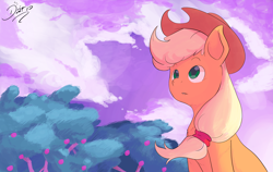 Size: 4742x3000 | Tagged: safe, artist:dariosparks, imported from derpibooru, applejack, earth pony, pony, apple, apple tree, applejack's hat, cloud, cowboy hat, detailed background, female, fruit, green eyes, hat, long hair, long mane, looking up, mare, quadrupedal, shading, sky, solo, tied hair, tied mane, tree