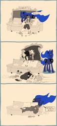Size: 3165x6900 | Tagged: safe, artist:ponny, imported from derpibooru, princess luna, oc, oc:femanon, alicorn, human, pony, blanket, broom, clean, cleaning, comic, couch, duo, female, forehead kiss, human and pony, kissing, magic, mare, messy, neet, pillow, sleeping, speech bubble, sweeping, telekinesis, trash