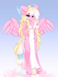 Size: 1549x2048 | Tagged: safe, artist:shooshaa, imported from derpibooru, oc, oc only, oc:bay breeze, anthro, pegasus, unguligrade anthro, bow, breasts, choker, cleavage, clothes, dress, female, gradient background, hair bow, heart, heart eyes, looking at you, pegasus oc, pretty, side slit, spread wings, tail, tail bow, total sideslit, white dress, wingding eyes, wings