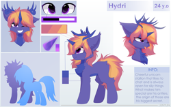 Size: 7501x4725 | Tagged: safe, artist:lunylin, imported from derpibooru, oc, oc:hydri, unicorn, antlers, height difference, horn, magic, male, purple horse, reference sheet, stallion, unicorn oc