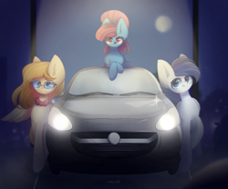 Size: 2400x2000 | Tagged: safe, artist:miryelis, imported from derpibooru, oc, oc only, oc:rainven wep, pegasus, pony, big ears, car, commission, full body, impossibly large ears, looking at you, night, pegasus oc, sky, smiling, standing