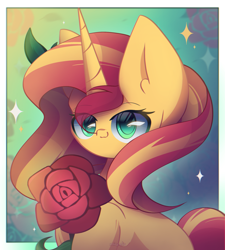 Size: 1800x2000 | Tagged: safe, artist:miryelis, imported from derpibooru, sunset shimmer, pony, unicorn, big ears, cute, flower, impossibly large ears, long hair, looking at you, rose, simple background, smiling, smiling at you, solo, sparkles