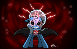 Size: 1384x881 | Tagged: safe, artist:scarletdoodle, imported from derpibooru, trixie, pony, unicorn, alicorn amulet, blue coat, blue mane, cloak, clothes, dark magic, evil, evil grin, eye clipping through hair, eyebrows, eyebrows visible through hair, female, glowing, glowing eyes, glowing horn, grin, horn, magic, magic aura, mare, red eyes, smiling, solo